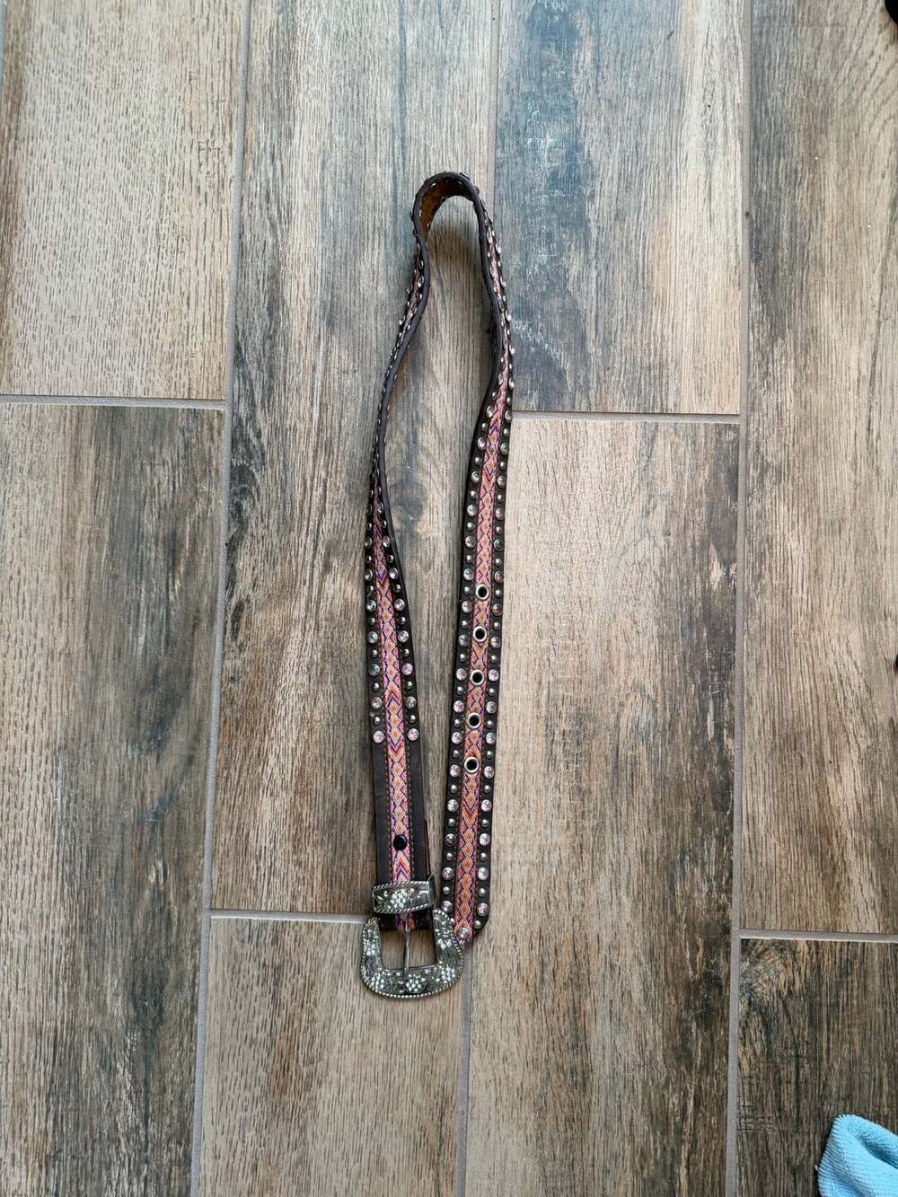 M&F Western Angel Ranch Rhinestone Studded Belt Size XL Brown Leather
